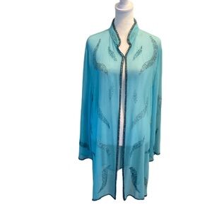 Original Anthony’s  Teal Open Front Kimono. Embellished. 2 snap closure. Size L.